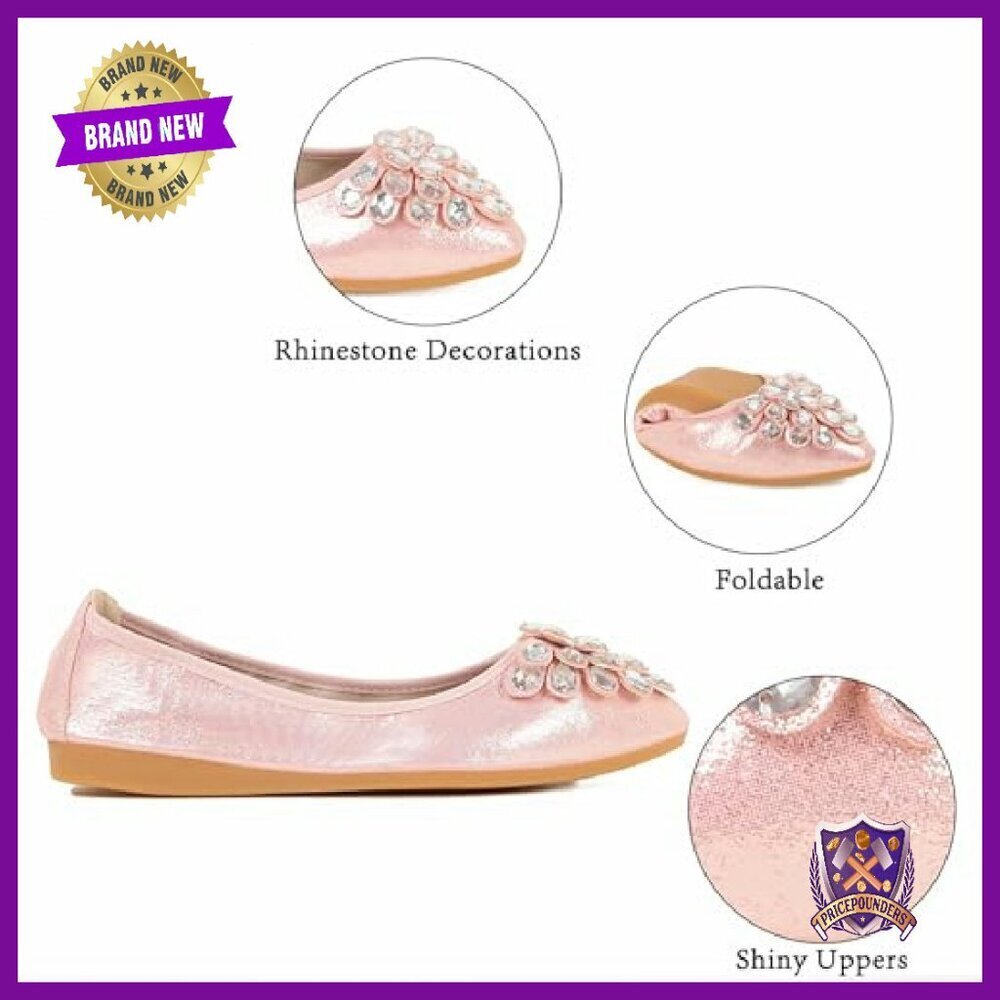 Foldable Rhinestone Ballet Flats Women's Slip-On Dressy Comfort Shoes - Picture 4 of 8